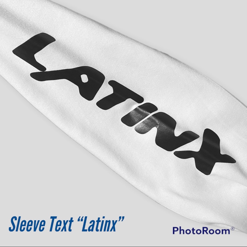Mens white LATINX sleeve text sweater